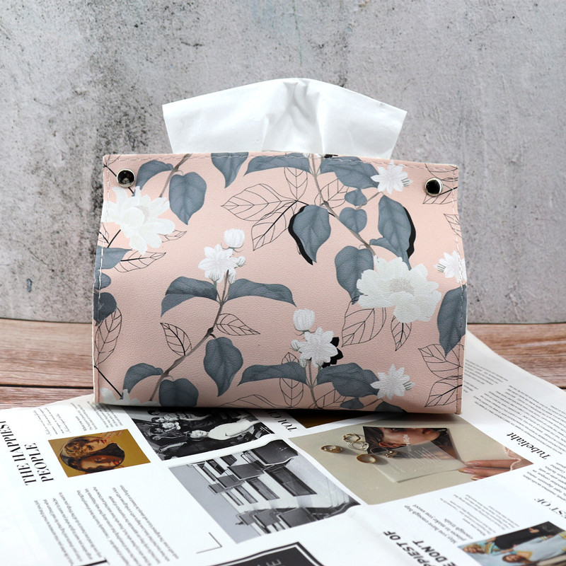 Desktop Creative Flowers Pattern Napkin Case PU Leather Car Household Facepaper Tissue Box