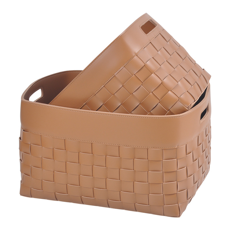 Wholesale Hand Woven Simple Design Large Capacity Cloth Sundries Carrying PU Leather Basket