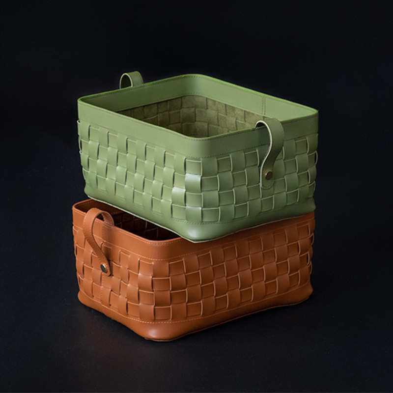 Amber Orange Classic Saddle Leather Pure Hand-Woven Storage Basket Luxury Storage Basket