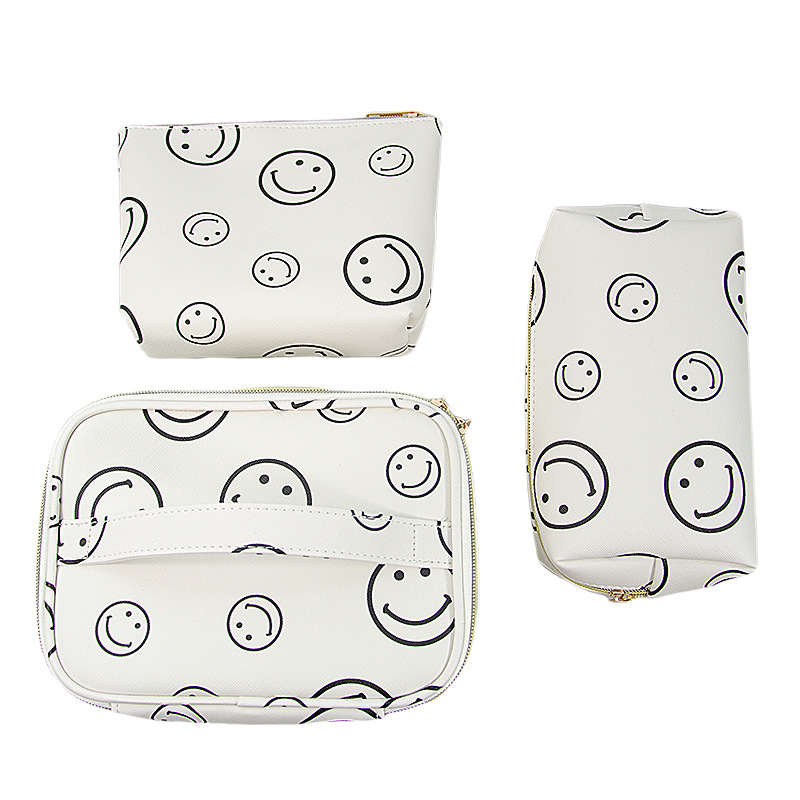 Fashion Printing Smiley Face Makeup Portable PU Waterproof Toiletry Cosmetics Storage Bag