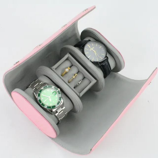 Luxury Quartz Fashion 2 Sets PU Leather Cylinder Portable Travel Watch Storage Box