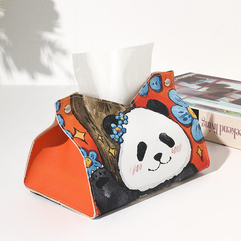 Cartoon Cute Panda Pattern Household Office Napkin Storage PU Leather Desktop Tissue Box