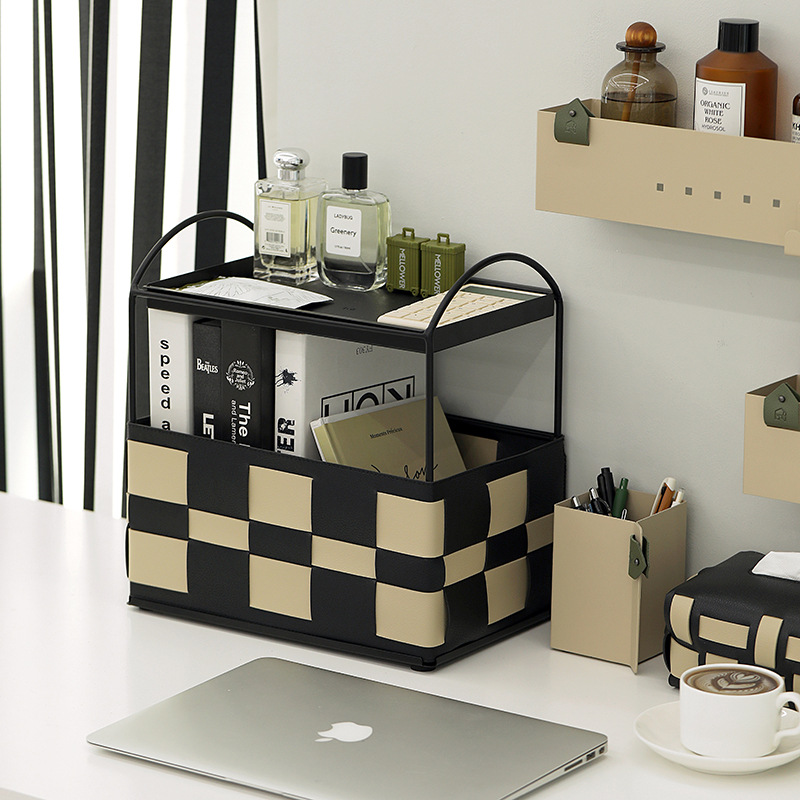 Color Matching Two-Layer Shelf Hand-Woven Storage Checkerboard High-Grade Desk Organizer