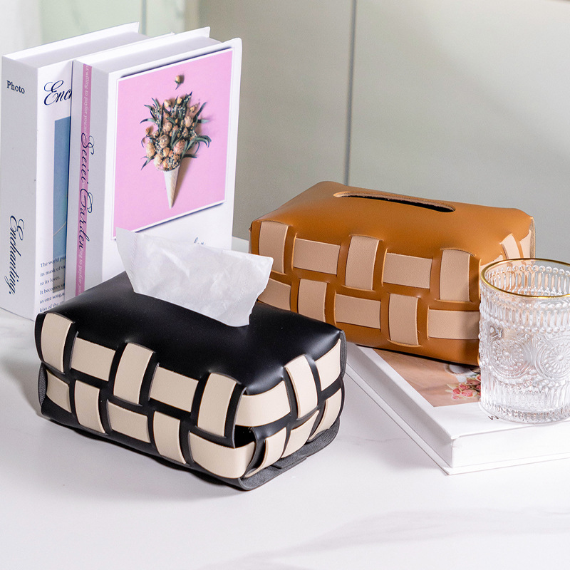 Modern European Woven Fashion Checkerboard Living Room Desktop Paper Box Car Tissue Storage Box