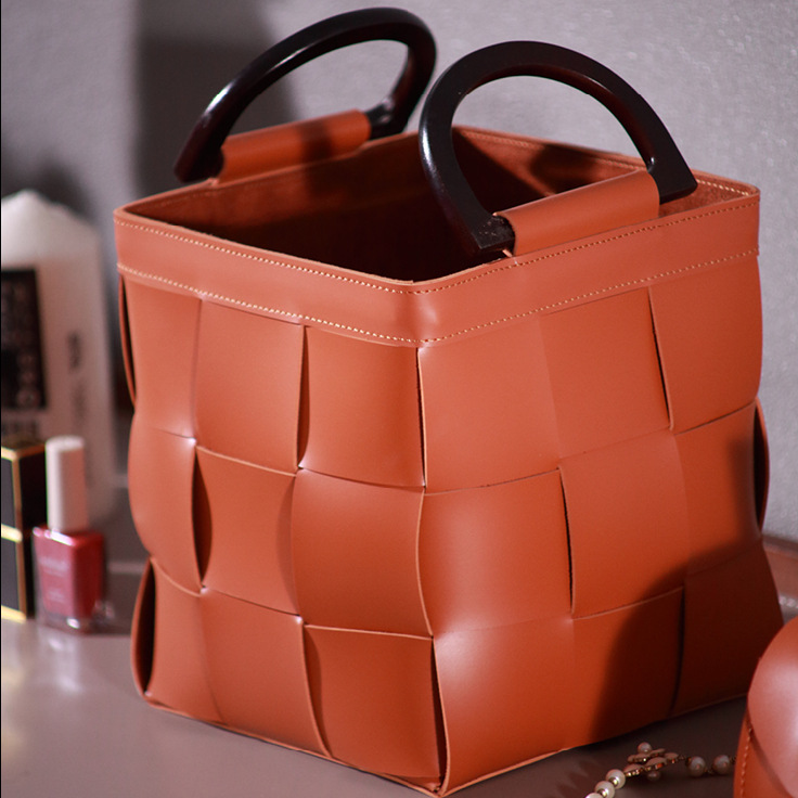 Nordic Amber Orange Luxury Leather Woven Storage Basket Bedroom Laundry Box